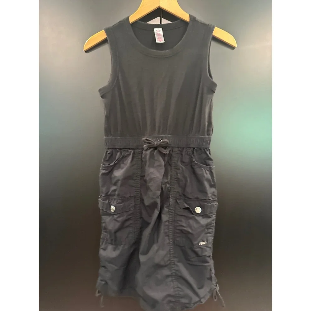 Justice Girls Black Cargo Dress Sleeveless Ribbed Knit Utility Pockets 12/14 L
